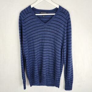 Banana Republic Sweater Men XL Merino Wool Italian V-neck blue and black stripes